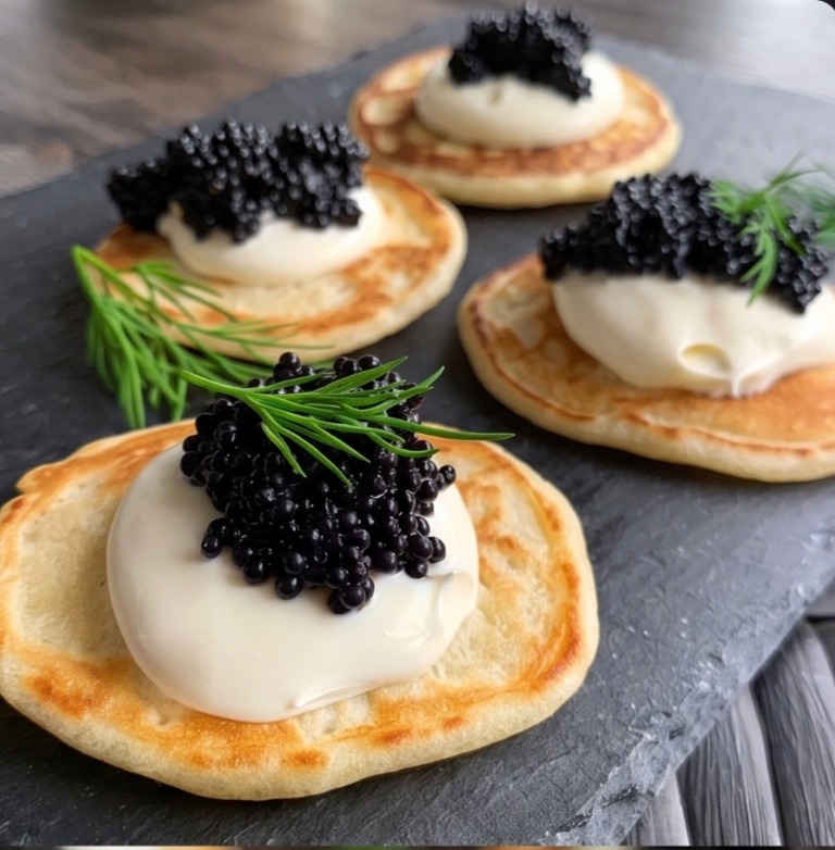 SALTÉ Caviar on a blini with crème fraîche and dill